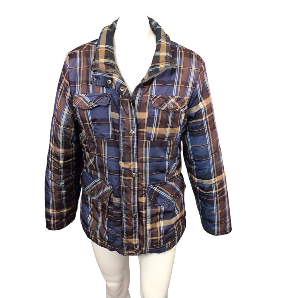Dollhouse Blue and Brown Puffer Jacket with Classic Plaid Design size‎ XL